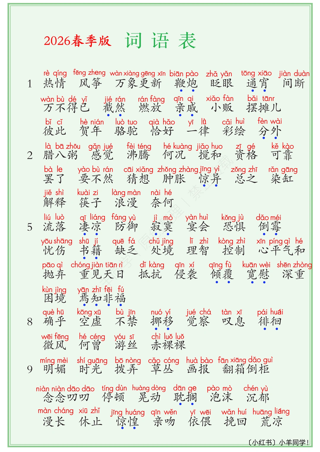 六年级下册丨注音版写字表+词语表【新版】