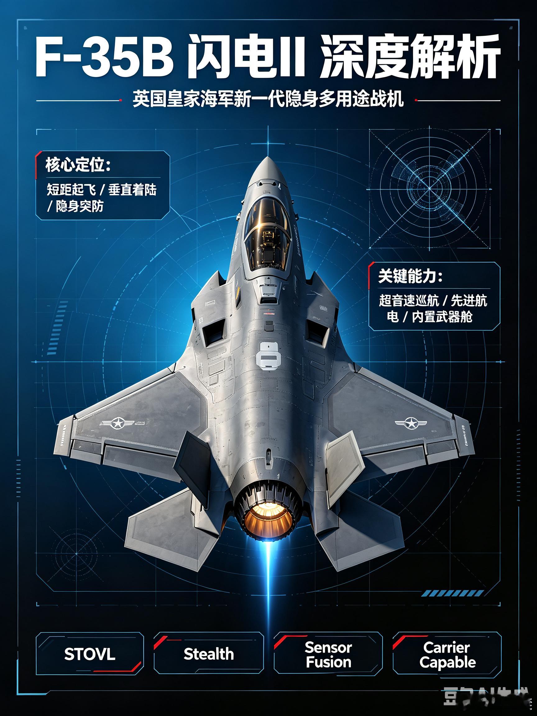 #军事ai新视野# 英国 F-35B“闪电II” 隐身多用途战机 #ai热力追踪# 
 
F-35B Lightning II，是洛克希德·马丁主导、多国联合研发的短距起飞/垂直降落（STOVL）第五代隐身多用途战斗机；英国作为F-35项目一级合作伙伴，该机由英国皇家空军、皇家海军共用，是伊丽莎白女王级双航母唯一固定翼舰载机，与EF ​