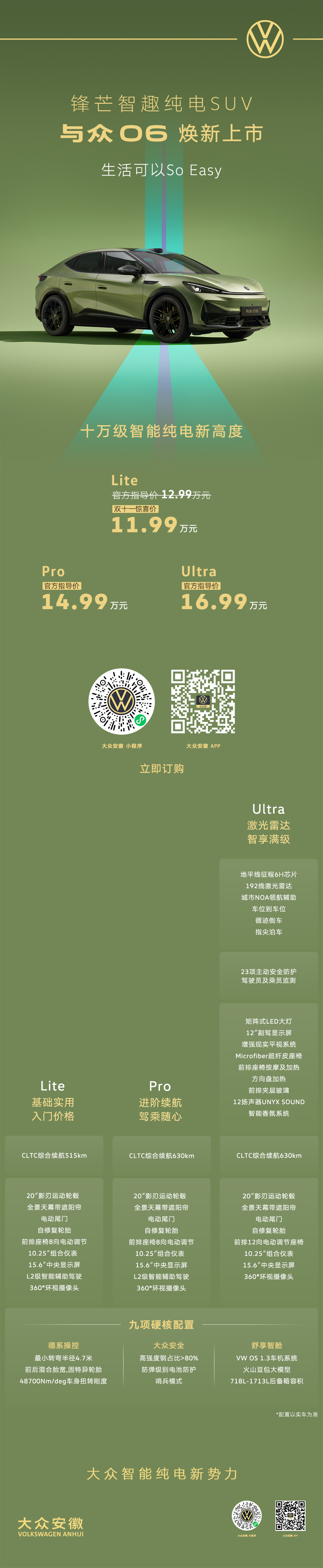 与众06选配指南请查收🔔
双十一惊喜价11.99万元起，买前必看！
🔹Lite：基础实用，入门价格
🔹Pro：进阶续航，驾乘随心
🔹Ultra：激光雷达，智享满级
锋芒智趣纯电SUV，生活可以So Easy！
👇 点击查看完整选配指南

#十万级智能纯电新高度#
#大众安徽# #生活可以soeasy#
#大众06#  ​