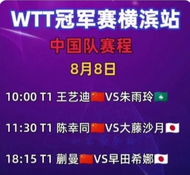 横滨冠军赛，谁会夺冠（首发）

8月8日，WTT横滨冠军赛，争夺半决赛席位。下面