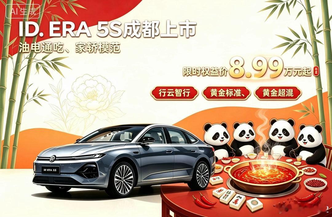 #2026成都车展 #上汽大众 #IDERA5S #大众5S #8.99万起大众5S夯爆了
ID.ERA 5S成都正式上市！油电通吃，重塑家轿标杆。行云智行，搭载黄金超混技术，兼顾性能与节能。限时权益价8.99万元起，高性价比家轿，为日常出行带来全新选择。 ​
