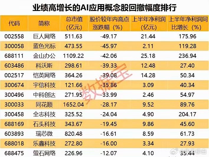 业绩高增长的AI应用概念股回撤幅度排行 ​