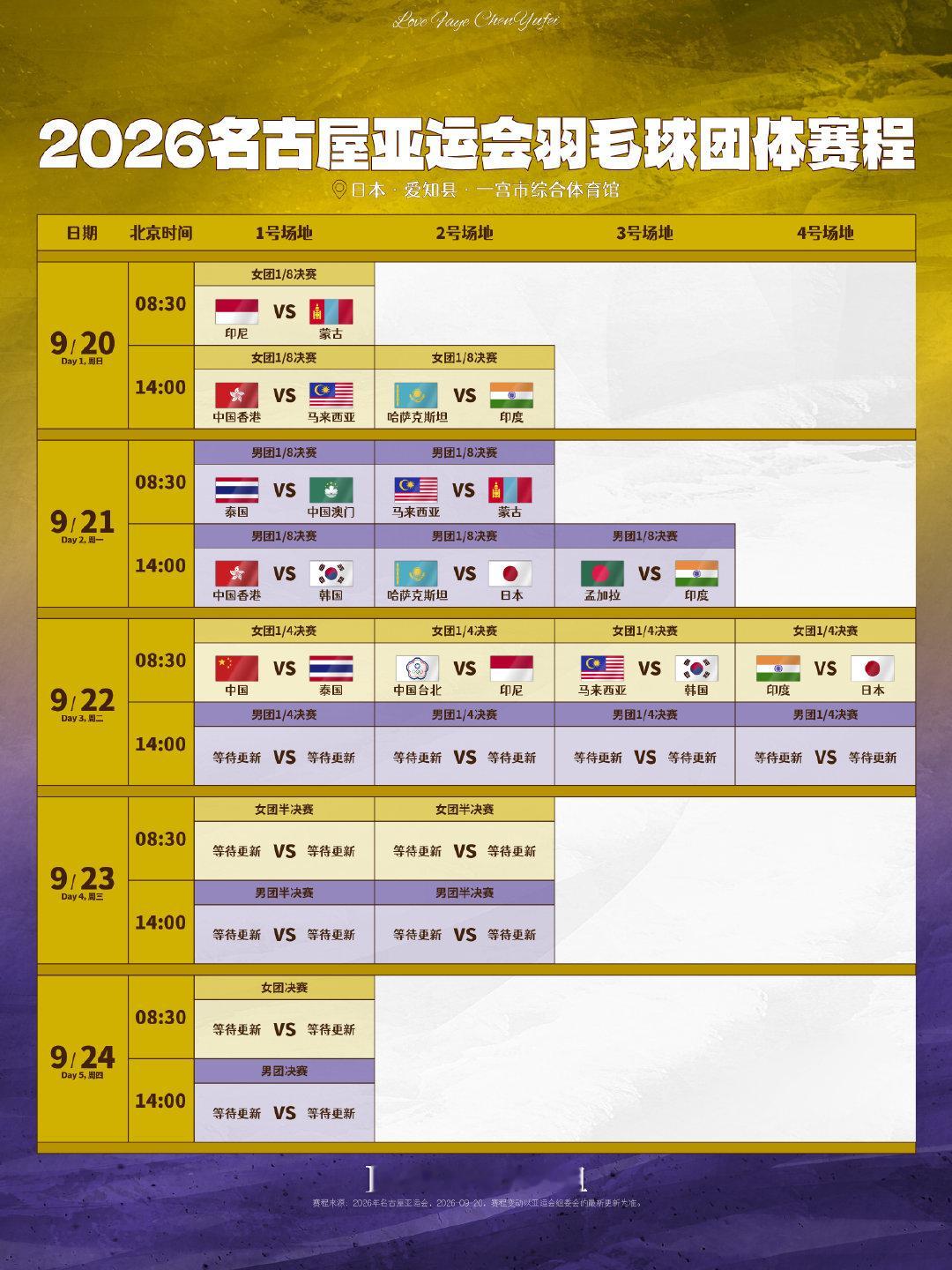 #陈雨菲# 

2026亚运会女团赛程
第一场：中国VS泰国
2026.9.22  8:30



#2026年亚运会# ​