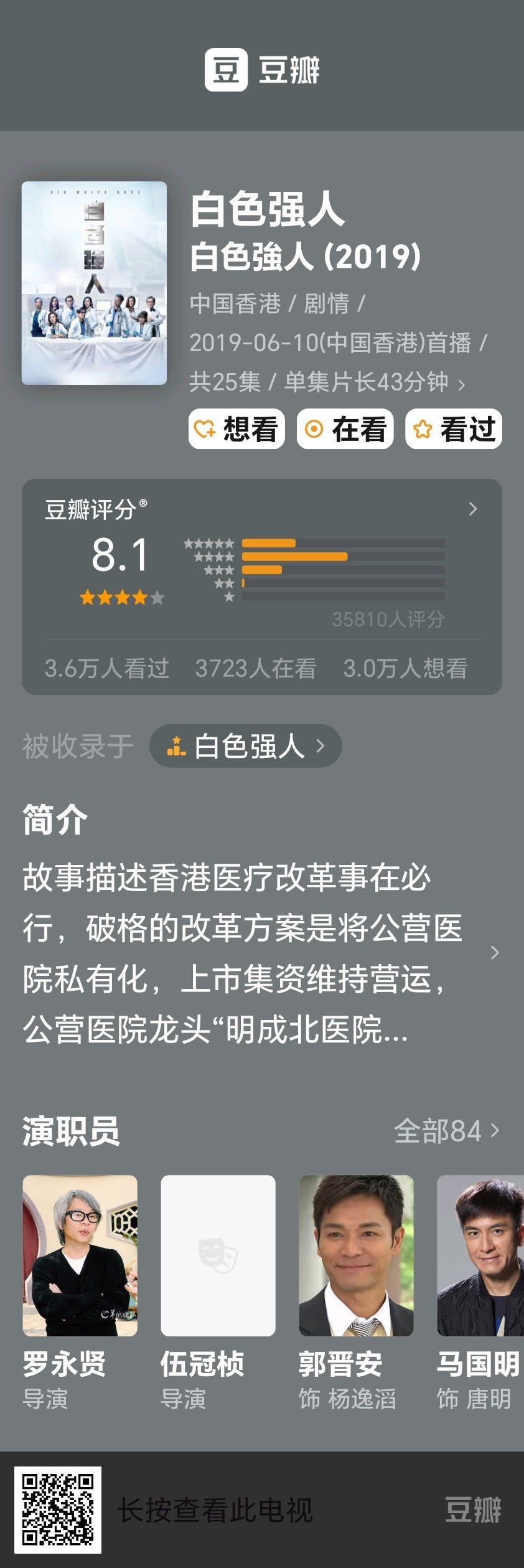 港剧《白色强人》
高分是有缘由的，两位男主的关系有时会联想到白色巨塔的里见财前，尤其救高官还是平民那段，只是两位的刻画都没有里财那么极端，一些基本人情世故还是有的，职业剧还是得看港剧，蛮专业，也步步推进，以医改为主题，讨论有一定深度，各执己见，都有道理，理智克制，感情线寥寥点缀， ​