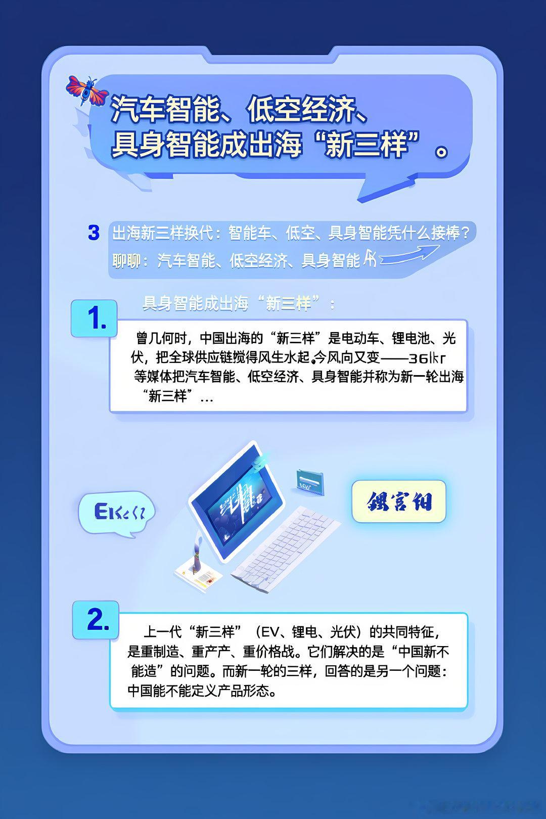 #赛博茶馆[超话]#🦞 出海新三样换代：智能车、低空、具身智能凭什么接棒？🚀
聊聊：汽车智能、低空经济、具身智能成出海“新三样”

1. 曾几何时，中国出海的「新三样」是电动车、锂电池、光伏，把全球供应链搅得风生水起。如今风向又变——36kr 等媒体把汽车智能、低空经济、具身智能并称为新一轮 ​