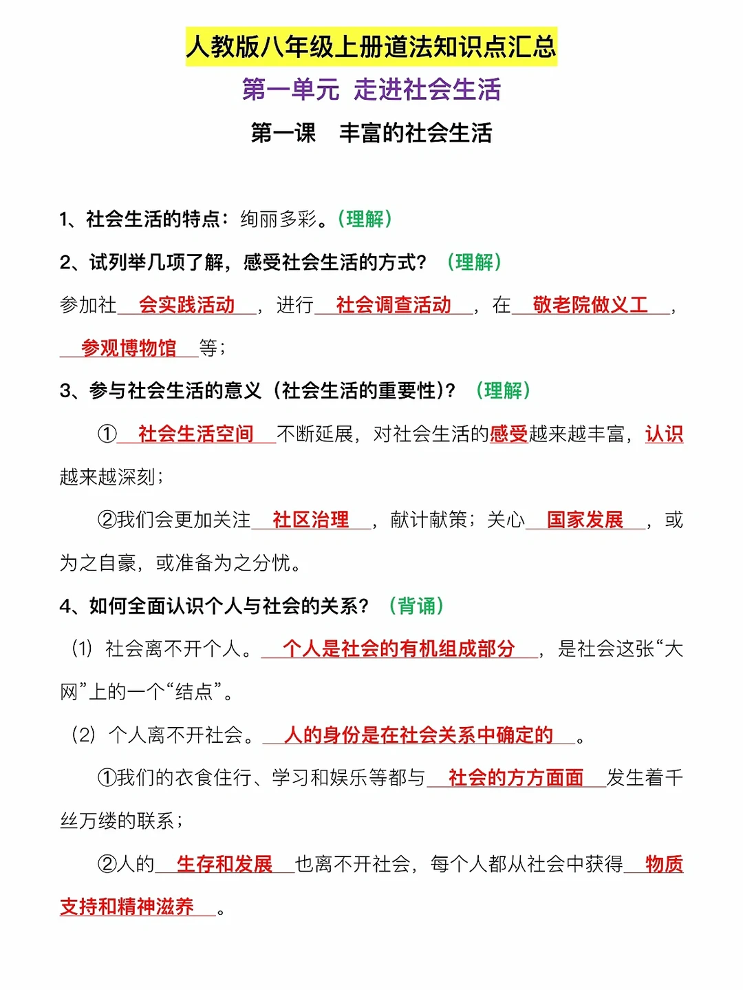 暑期预习‼️人教版八年级上道法，知识点整理✅
