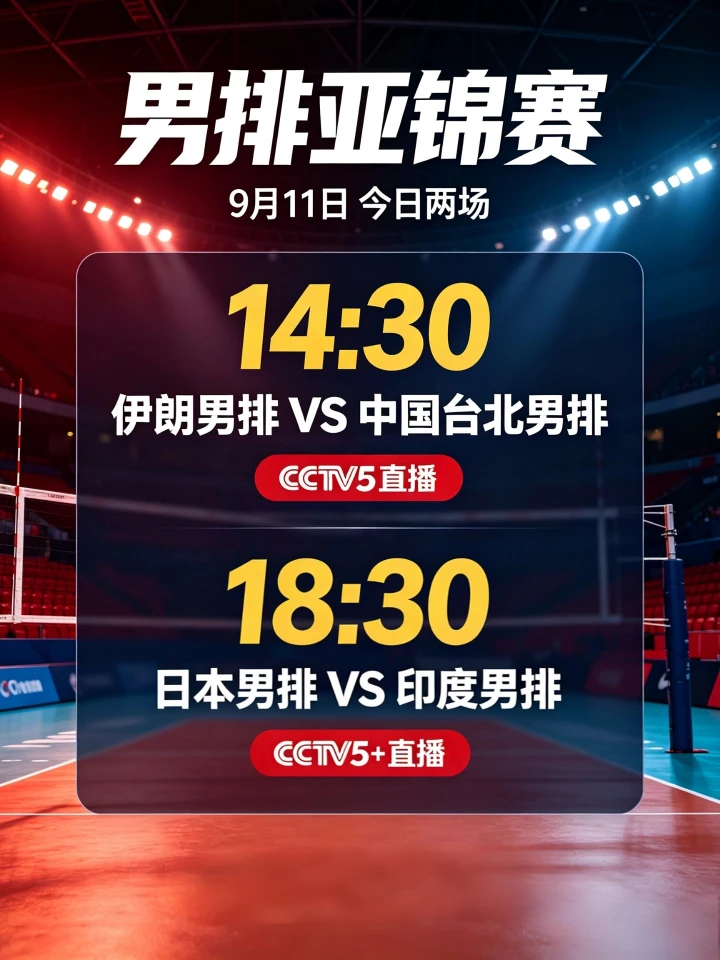 9月11日四分之一决赛预告
✅14:30 伊朗🆚中国台北｜CCTV5直播
✅18:30 日本🆚印度｜CCTV5+直播
两场对决，不要错过！
 
男排 排球赛事预告[强][强][强]