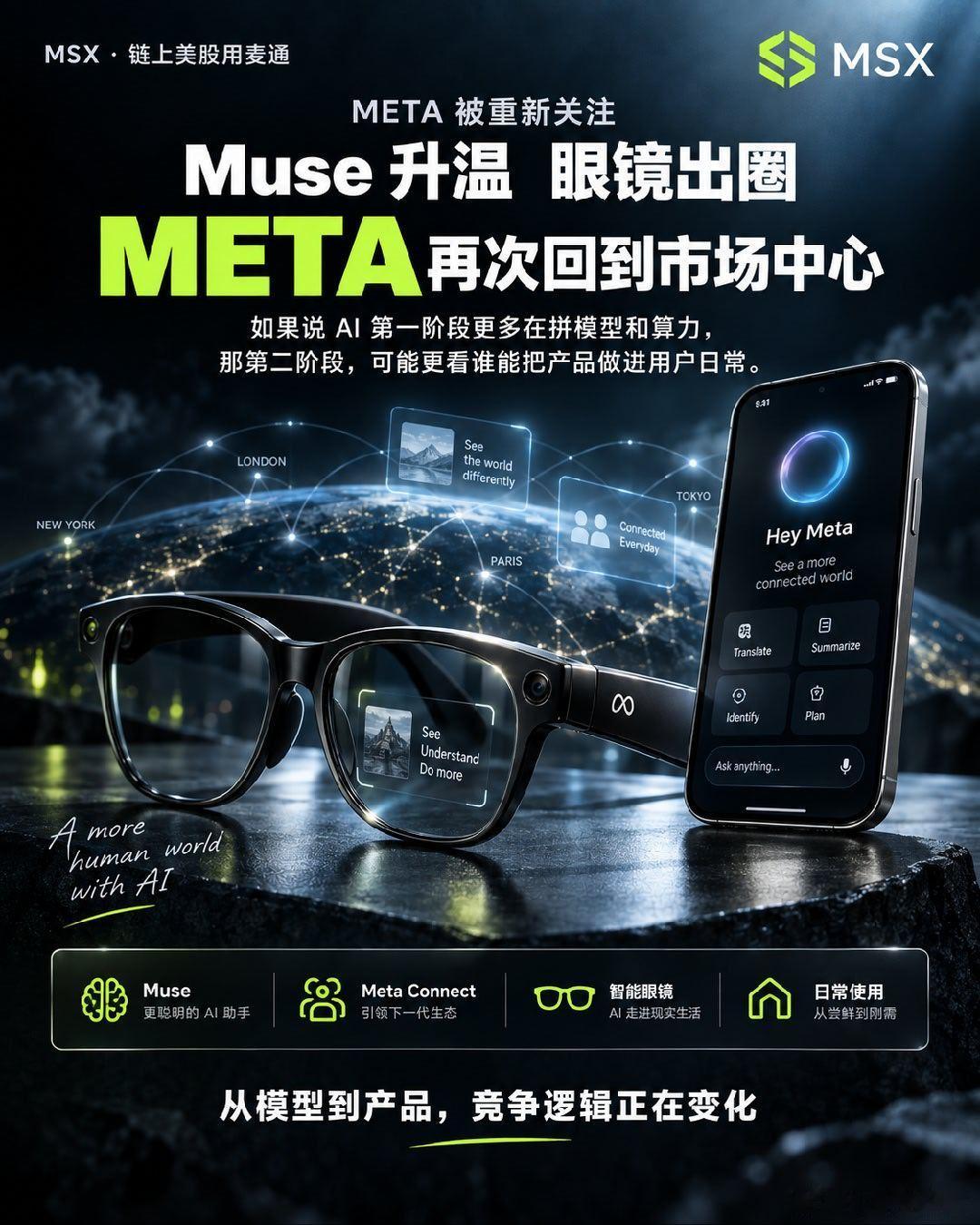 Meta 又把市场注意力拉回来了，这次不只是一款 AI 助手

最近 META 的热度，很大一部分来自 Muse 和 Meta Connect。

AI 助手、智能眼镜、应用场景落地，

这些点叠在一起，让市场重新把注意力放回 Meta 身上。

我觉得这次最值得看的，不是单一产品，

而是 Meta 想回答一个更现实的问题：

AI 到底怎 ​
