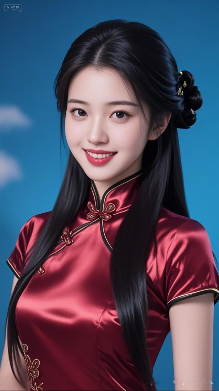 这位小姐姐穿着红色旗袍，微笑着看镜头。