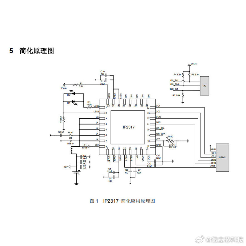 英集芯IP2317是一款适用于电动工具、便携打印机、移动POS机、个护电器等充电方案的锂电池充电芯片。单节锂电池配置，18W输入功率，4.5V～14V输入电压，支持5/9/12V PD档位，4.8A充电电流。同步Buck降压，内置上下管功率 MOS，开关频率600kHz。集成USB-C DRP、PD3.0、AFC、FCP等输入快充协议。支持1～2 ​