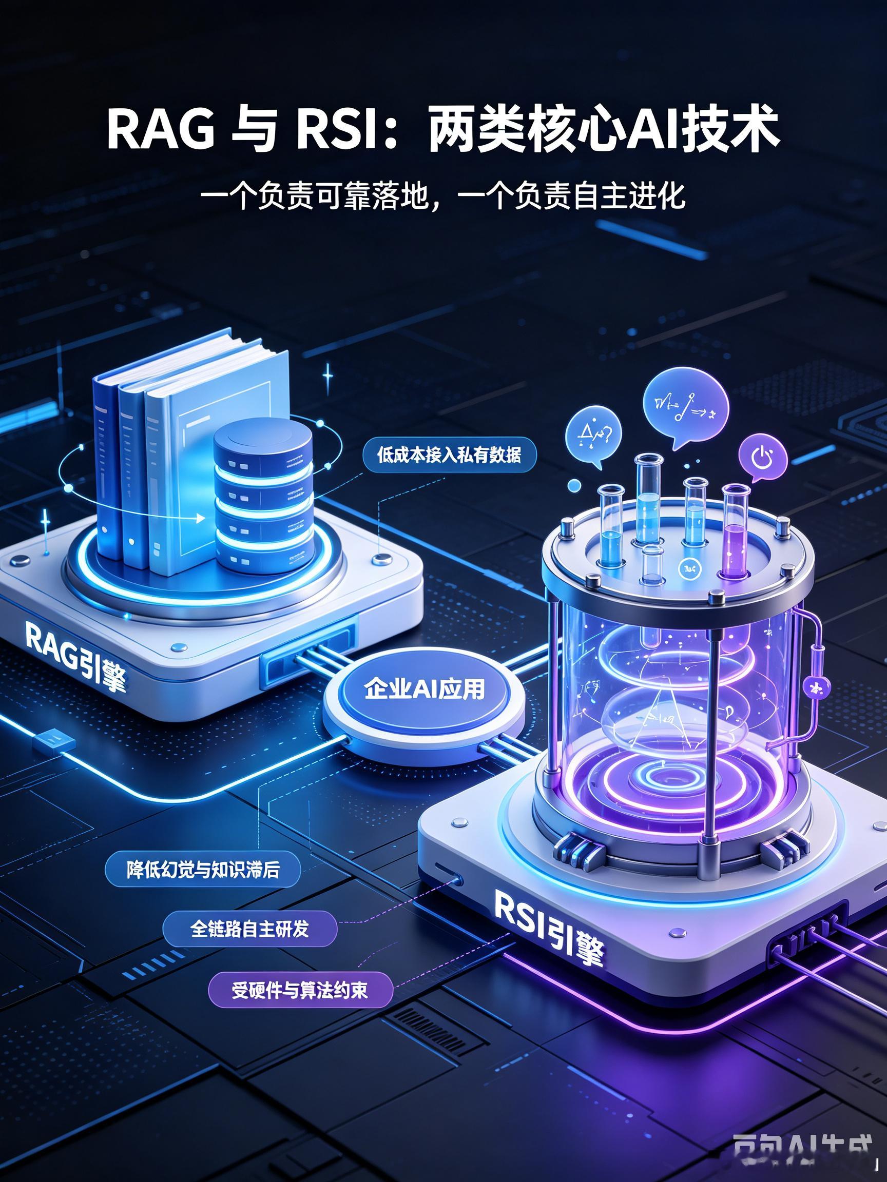 AI检索增强生成与递归自我改进
——RAG与RSI

两者是AI领域定位迥异的两类核心技术，二者边界清晰又可形成互补。
从核心逻辑看，RAG工程落地成熟，无需改动大模型底层，通过检索外部知识库的可靠事实注入生成流程，解决大模型幻觉、知识滞后问题，普通开发者即可快速搭建，能力边界受限于知识库覆盖范 ​