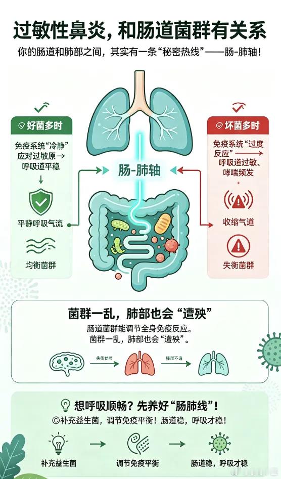 过敏性鼻炎 ，和肠道菌群有关系很多人在秋天都受，过敏性鼻炎困扰！那些反复喷嚏、流不尽的清涕，或许正源于肠道里的“菌群战争”！ ​​​