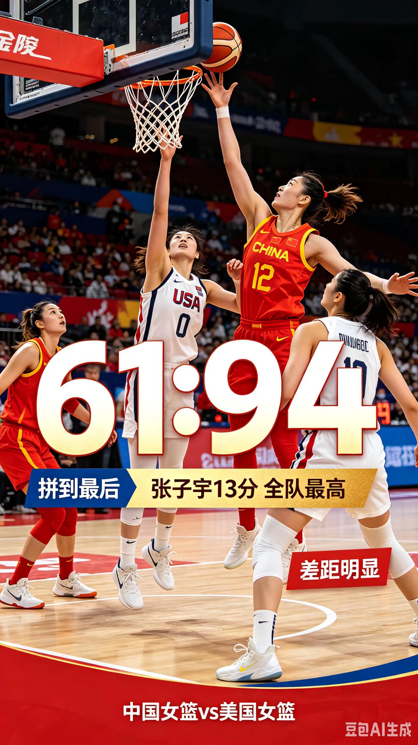 张子宇13分全队最高，中国女篮61:94美国女篮，正视差距继续努力中国女篮 篮球赛事 篮球体育精神