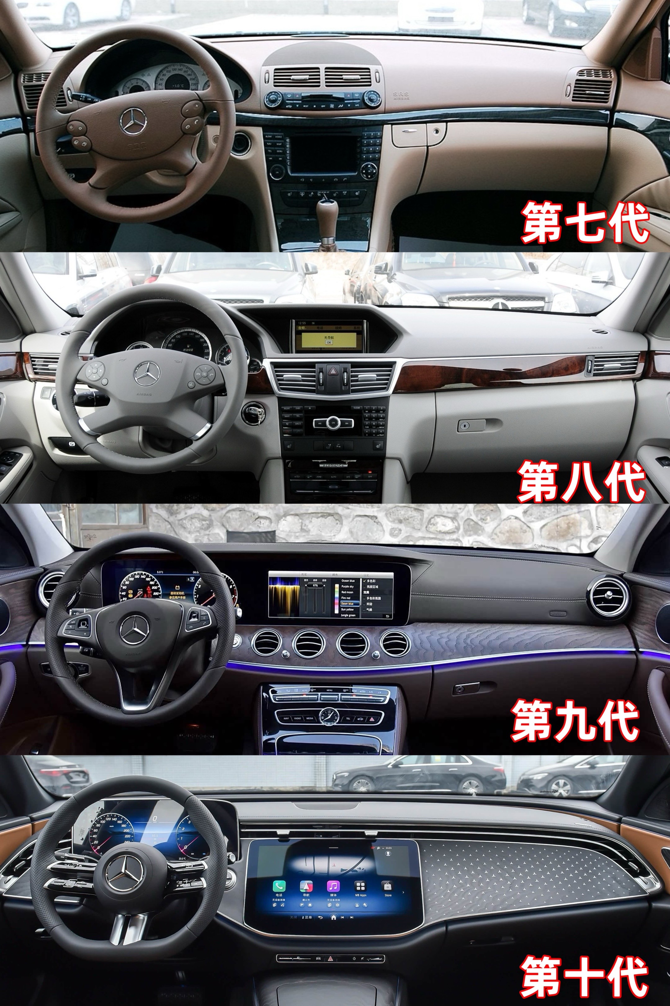 奔驰E级四代同框，你最爱哪一代？奔驰E级7代到10代前脸对比。
经典四眼圆灯、大气双横格栅、灵动鹰眼大灯，再到现在新款贯穿式设计。
一代代外观更迭，每一代都有自己的味道。
老车情怀党很多钟情7代四眼，新款大家觉得更豪华。
这四代奔驰E，哪一代在你心中颜值封神？评论区说！

奔驰E级 经典老车