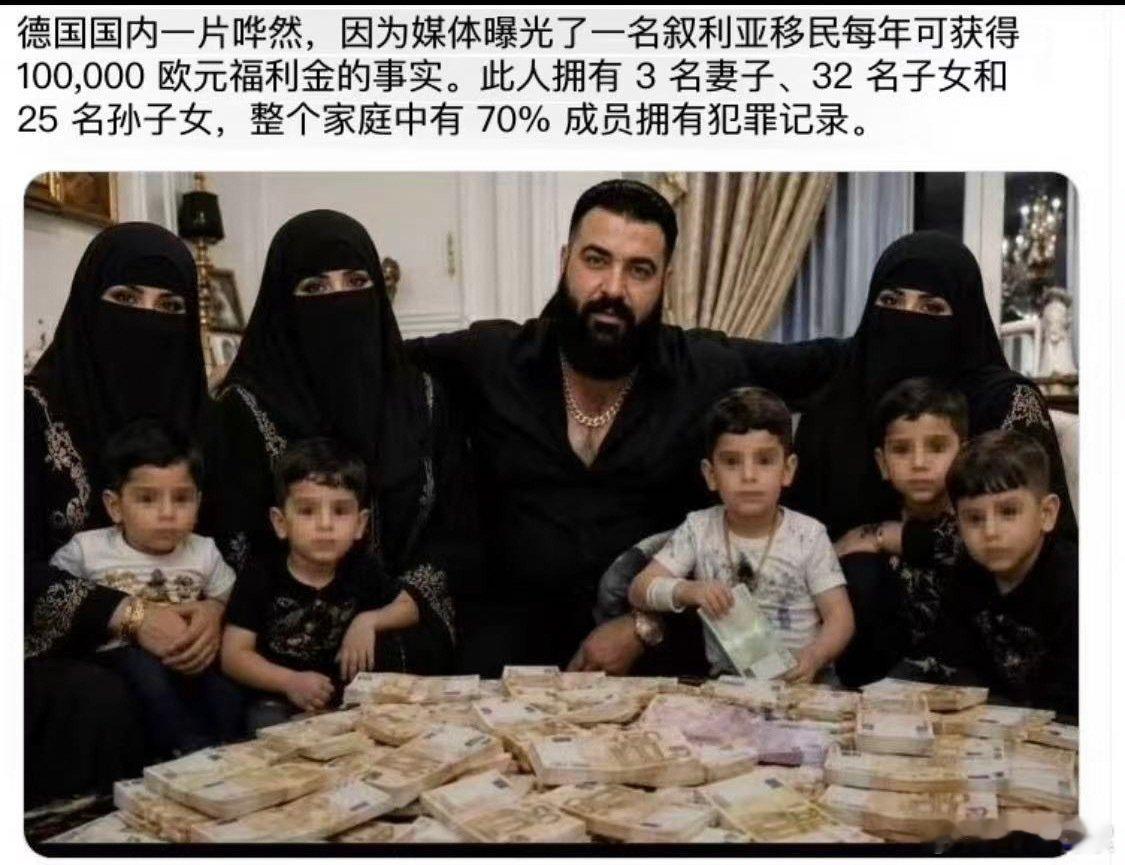#叙利亚移民32子年领10万欧福利#在德国你踏实干活，为德国卖命几十年老了还要去捡废弃瓶子。一名叙利亚移民家族百分之70犯罪，确每年领取10万欧元的社会福利。 ​