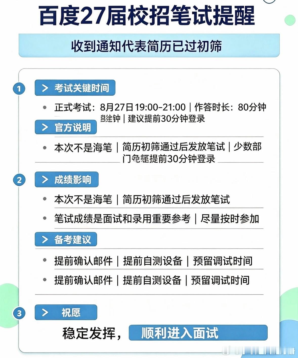百度27届校招笔试｜不是海笔！收到通知代表简历过初筛✨
百度8.27笔试通知已经下发，很多小伙伴好奇是不是海笔，官方写的很清楚❗
收到笔试邀约，代表你的简历已经通过初筛，进入复筛环节
⏰考试关键时间
▪️正式考试时段：8月27日 19:00‑21:00
▪️实际作答时长：80分钟
▪️建议提前30分钟登录，预 ​