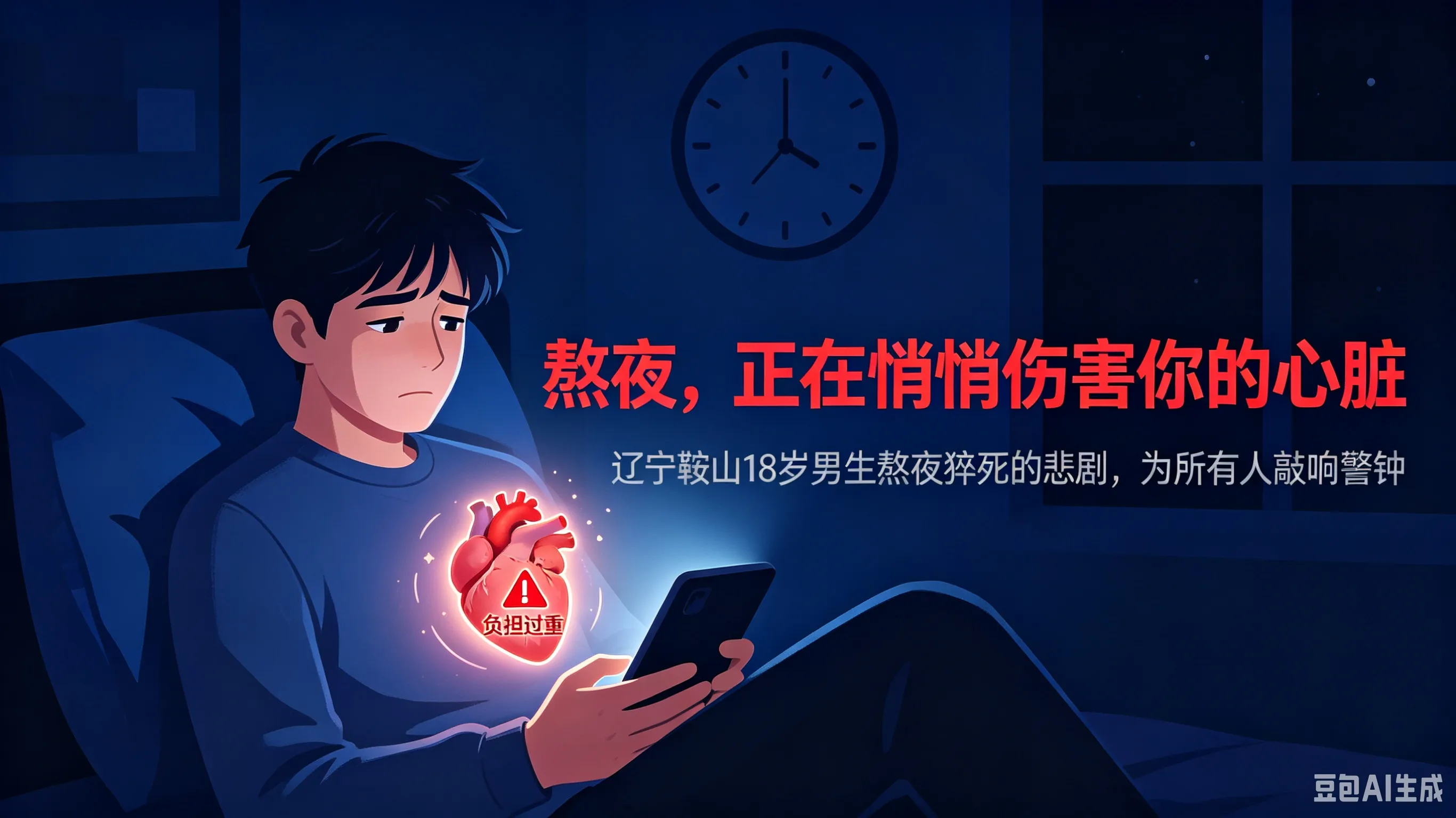 辽宁鞍山18岁男生熬夜猝死登上热搜，熬夜为啥会诱发猝死？
最近，辽宁鞍山18岁男生熬夜猝死的新闻冲上热搜，让人十分痛心。很多人疑惑：年纪轻轻，好好的怎么会因为熬夜就出事 。
在这里跟大家讲明白：熬夜不会直接造成猝死，但会大幅升高猝死风险，相当于给心脏埋下一颗定时炸弹。
人在熬夜的时候，生物钟被打乱，