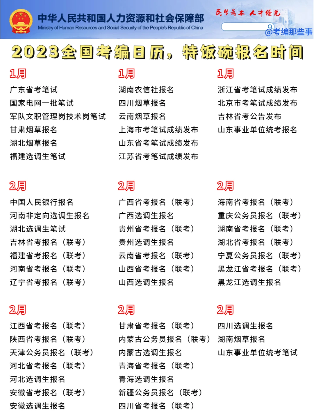 2023全国考编日历，各省铁饭碗报名时间！