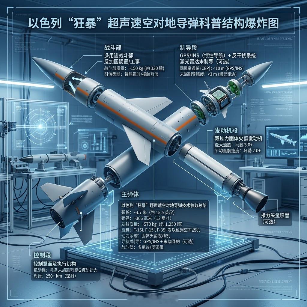 火箭弹改的“穷人的弹道导弹”：以色列“狂暴”空对地导弹

“狂暴”（Rampage）是以色列最新的远程空对地导弹之一，2018年首次曝光，2019年4月首次实战——以色列用它空袭叙利亚导弹工厂，就是为了绕过S-300防空系统的拦截。

它本质上是一枚306毫米制导火箭弹改的空射导弹。弹长4.7米，重570公斤，战 ​