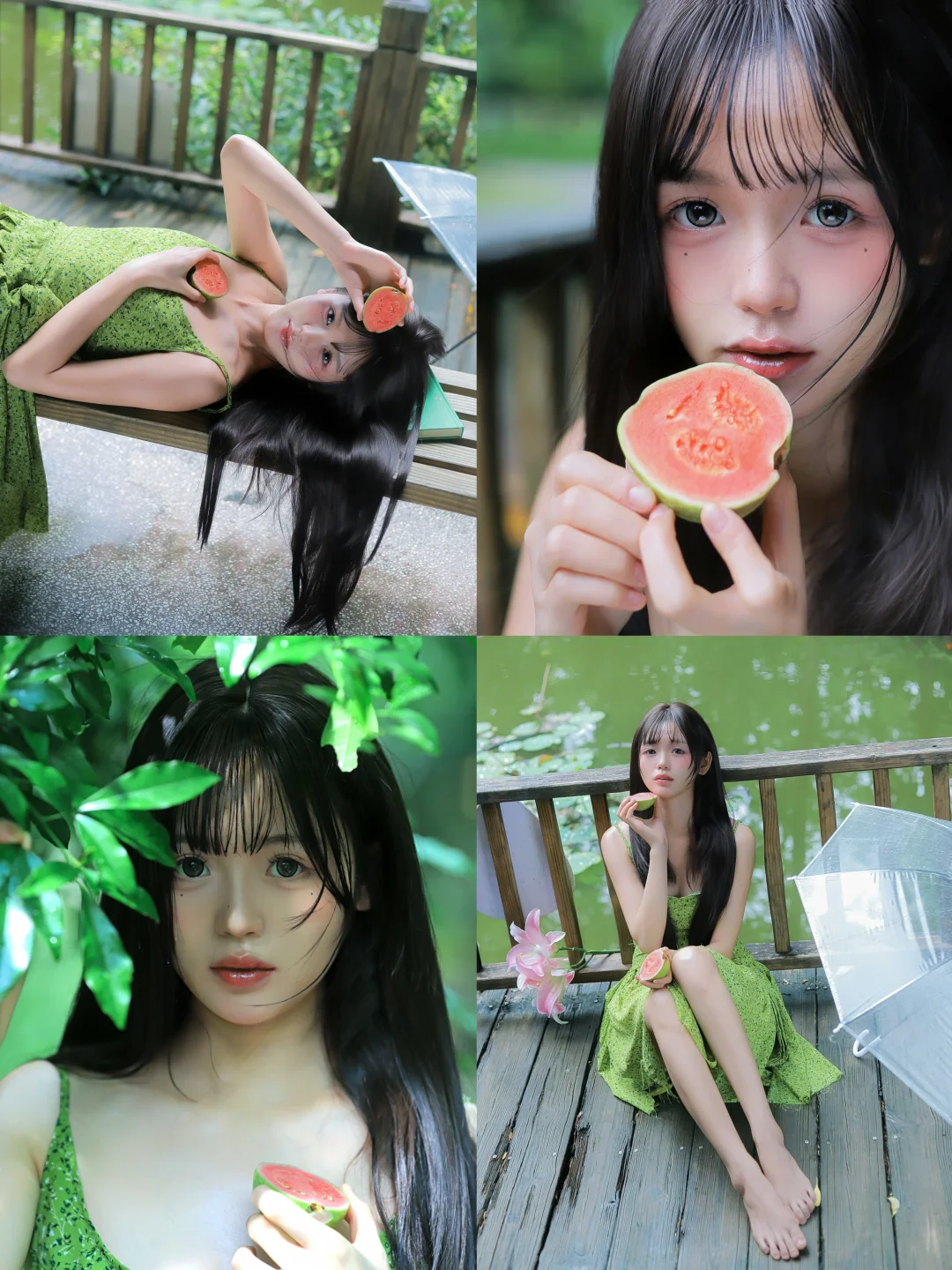 夏日阴雨天粉芭乐森系清新日系氧气拍照姿势