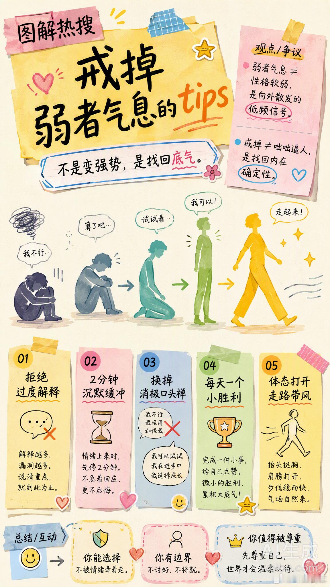 戒掉弱者气息的tips 其实弱者气息不是性格软弱，而是一种无意识散发的好拿捏信号，习惯性讨好、遇事退缩、过度解释、不敢拒绝……几个亲测有效的改变小方法👇· 说话去掉多余的“解释”，拒绝一件事只说结果，不交代理由· 建立2分钟沉默缓冲，被冒犯时不立刻妥协，先停顿再回应· 把“我不行”换成“我暂时不擅长，可以慢慢打磨”· 每天做一件确定能完成的小事，用「小胜利」累积底气· 体态打开，走路带风，身体姿态真的会反向影响心态戒掉弱者气息，不是变得咄咄逼人，而是找回「我能选择、我有边界、我值得被尊重」的内在确定性。你身上有「弱者气息」的影子吗？哪一条最戳中你？情感热点创作激励计划