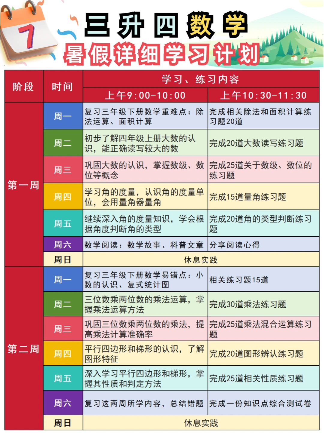 3升4暑假：数学详细学习计划+知识点汇总✅