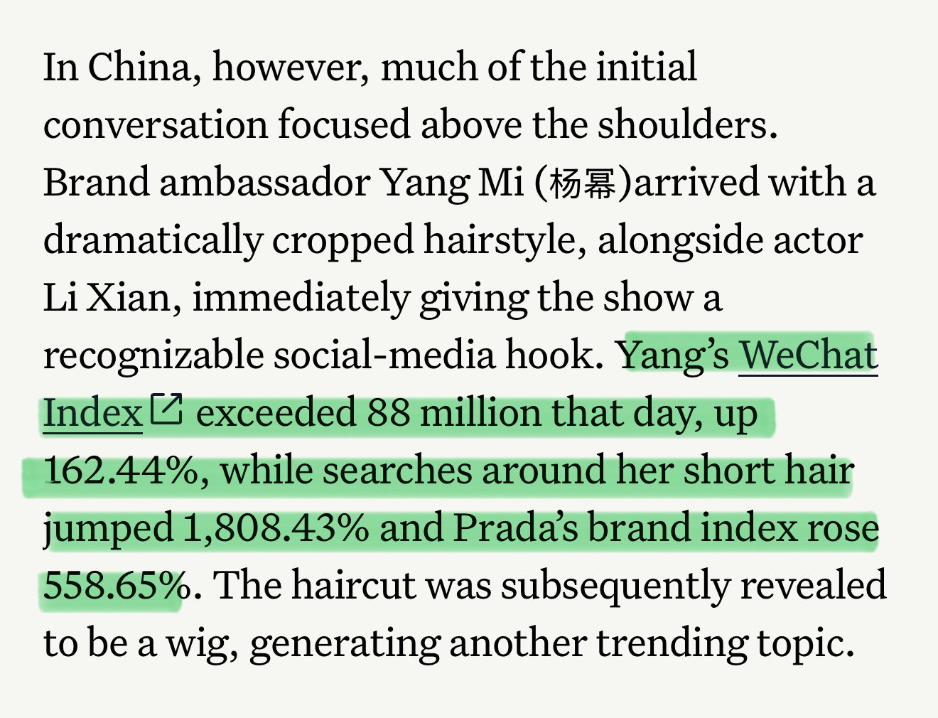 一直很想说了，很多外媒对杨幂的报道都是直接上数据的，无论是奢牌官宣还是时装周表现都是，这就是实绩在手的好处，可量化的、可视化的 ​