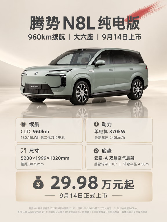 29.98万起！腾势N8L纯电版来了