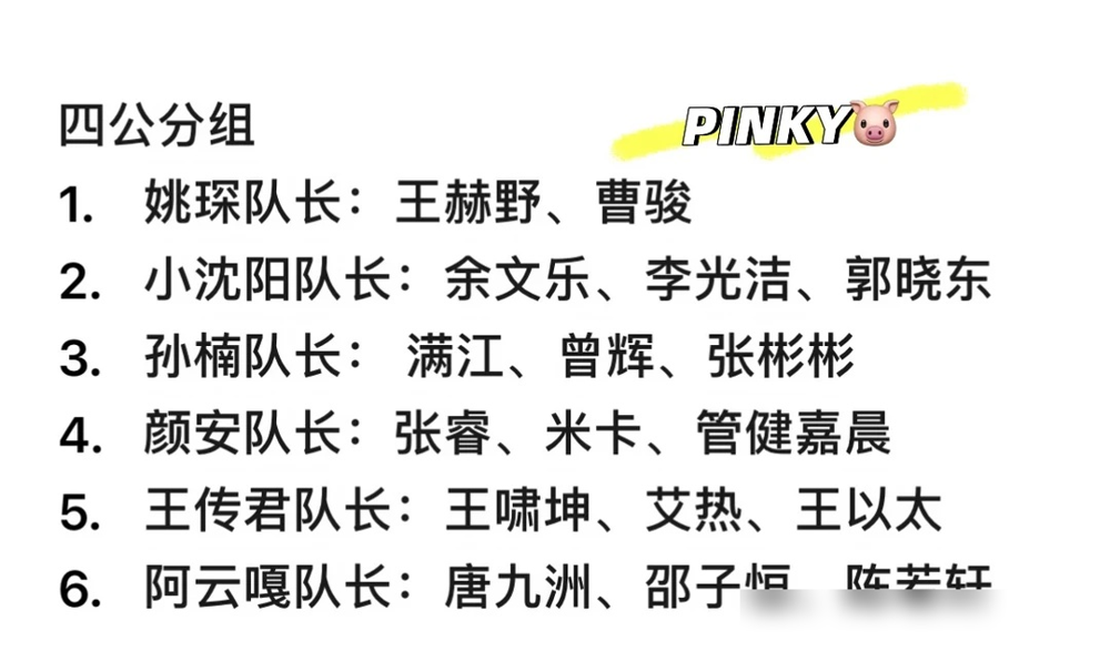 刘畊宏前脚刚被淘汰，名单后脚就炸了。
四公这回不玩虚的，六个队长全是自己杀出来的。孙楠、小沈阳、姚琛、颜安、王传君、阿云嘎，一人拉一队。孙楠组了张彬彬满江，小沈阳直接把余文乐李光洁郭晓东全搂走了。
最狠的是王传君，把艾热和王以太这对老搭档原封不动搬回来。阿云嘎抢到唐九洲邵子恒，姚琛那边王赫野曹骏