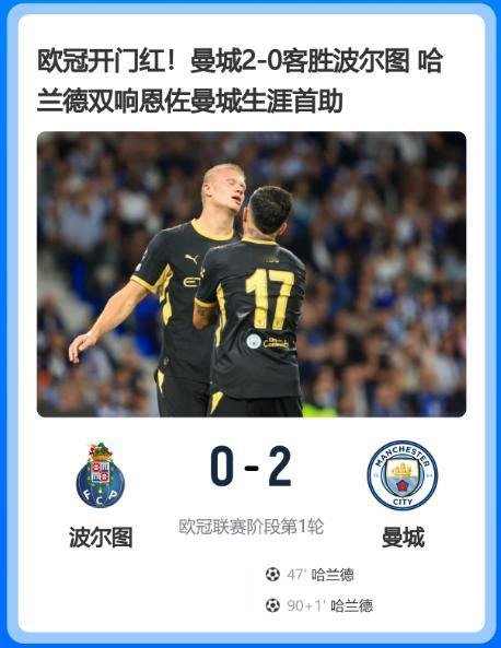 #欧冠# 🔥开门红！#曼城2-0波尔图#！
哈兰德双响！恩佐送出加盟曼城首记助攻！巨龙球场大雨鏖战，上半场科斯塔多次神扑；下半场恩佐挑传哈兰德头球破门，补时哈兰德再下一城锁定胜局！卫冕冠军拿下欧冠首战 3 分！

北京时间 9 月 9 日凌晨，欧冠首轮，曼城客场挑战波尔图。大雨中的巨龙球场氛围火爆 ​