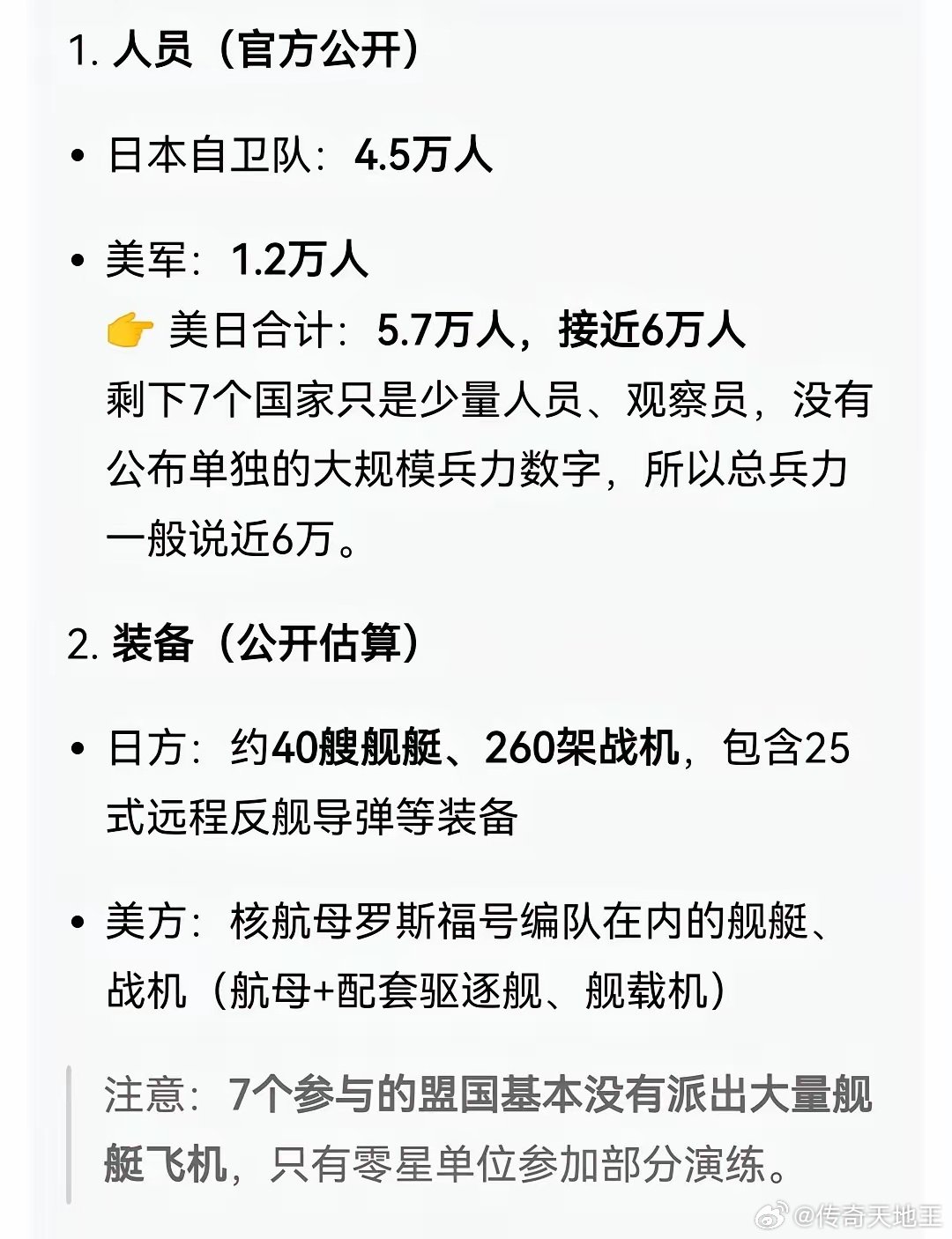 2026美日“利剑”联合演习！🚤
美国:兵力约1.2万人,航母编队。
日本:兵力约4.5万人,军舰约40艘,
         战机约260架。
其余七国未透露兵力和装备。
注:共九国参与,总兵力约6万人。 ​