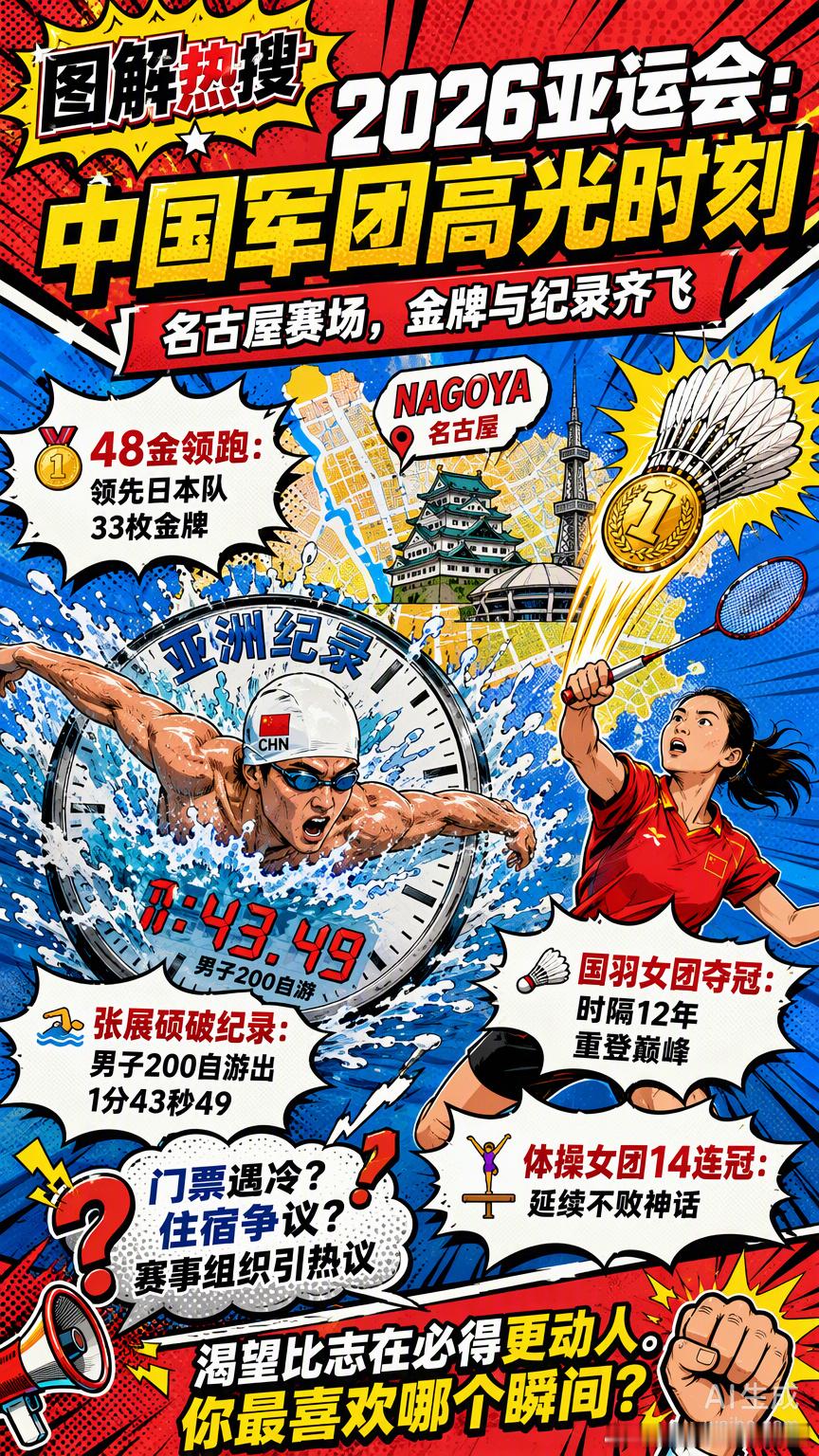 名古屋的早上八点半，国羽姑娘们把这块等了12年的金牌拿了回来。

从雅加达的失利到杭州的遗憾，这两块银牌压在心头太久。贾一凡赛前说全队目标一致想要冠军，今天她们做到了。王祉怡逆转山口茜，陈雨菲横扫宫崎友花，3-0的比分背后是半决赛养精蓄锐的底气，也是面对主场压力时的沉稳。

张展硕在泳池 ​