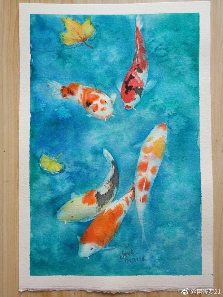 水彩锦鲤。用盐做了点水花效果。