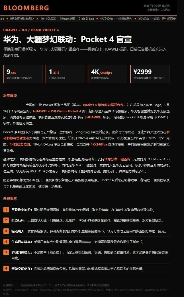 华为、大疆梦幻联动：Pocket 4 官宣，自带华为Logo

未来极客社作者 | 何波  记者 | 罗伊
9月28日 未来极客社今日新闻综合报

一、华为、大疆梦幻联动：Pocket 4 官宣，自带华为Logo

影像设备迎来新组合，华为与大疆展开产品联动

华为与大疆带来了一次颇受关注的产品联动