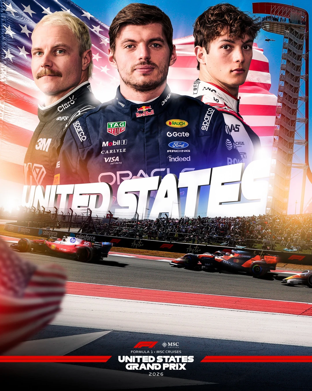 本周2026赛季F1美国🇺🇸大奖赛官方海报👀
海报上：博塔斯➕维斯塔潘➕贝