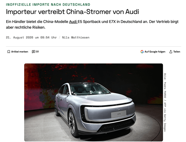 上汽AUDI反向打入德国老家，遭热捧却被德国奥迪总部禁售。奥迪的解释是：这些挂“AUDI”标的电动车属第三方平行进口，未获官方授权，大规模进入德国市场将无法得到应有售后保障。德国奥迪直接起诉多家销售商，禁止未经授权的进口。

先搞清“四个圈”和“AUDI”字母标的区别。品牌上都属奥迪，但“四个圈”仍