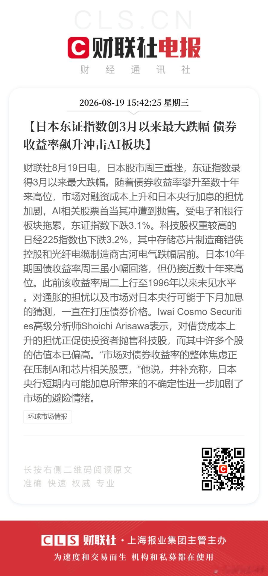 【日本东证指数创3月以来最大跌幅 债券收益率飙升冲击AI板块】财联社8月19日电，日本股市周三重挫，东证指数录得3月以来最大跌幅。随着债券收益率攀升至数十年来高位，市场对融资成本上升和日本央行加息的担忧加剧，AI相关股票首当其冲遭到抛售。受电子和银行板块拖累，东证指数下跌3.1%。科技股权重较 ​