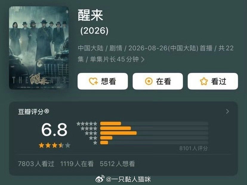 欧豪、娜扎、冯绍峰主演电视剧《醒来》开分6.8，打分人数0.9w人❗️ ​
