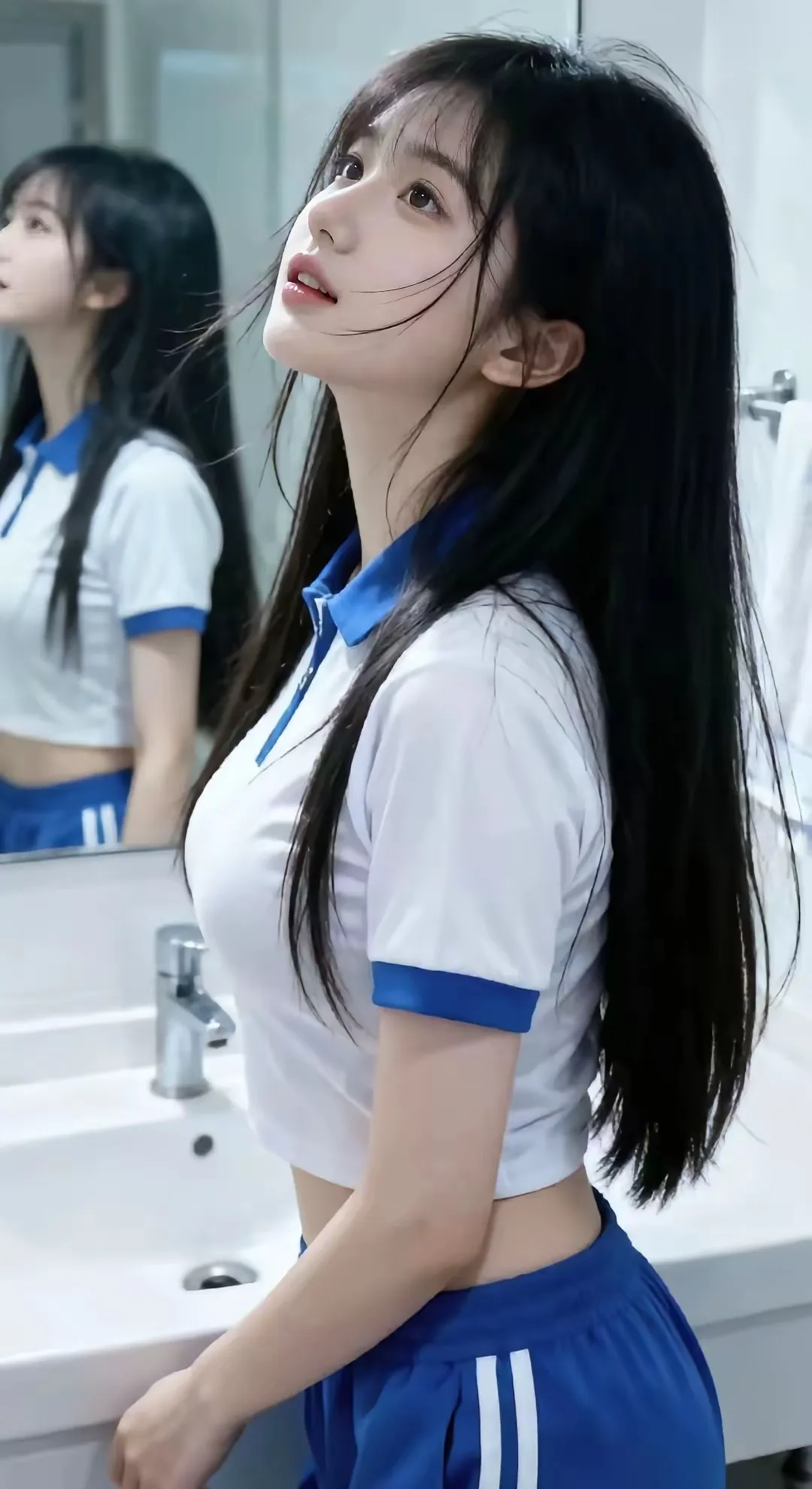 青春活力少女，运动风穿搭，镜子前自拍，元气满满！💪🏻💙