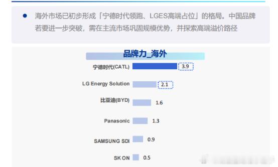 宁德时代品牌力断层这不是竞争，是碾压
据尼尔森IQ调研数据显示，海外市场品牌强度指数，宁德时代 3.9，第二名 LGES 只有 2.1。差距将近一倍。什么叫断层领先？这就是。
品牌力不是靠销量堆出来的，是靠消费者选择度和溢价意愿共同决定的。宁德时代在海外，已经形成了 “选电池就选宁德时代” 的惯性。 ​