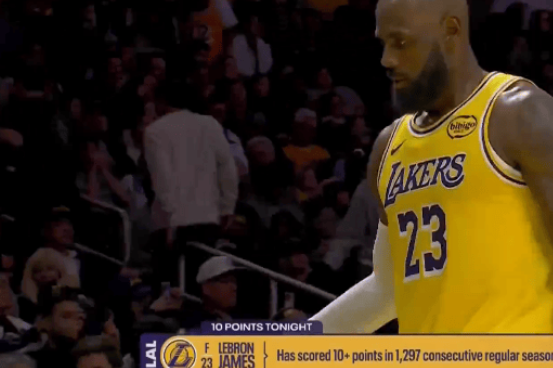 詹姆斯没必要吧！为了得分上双距离拼了，记录到手立马下场 詹姆斯还在追求...