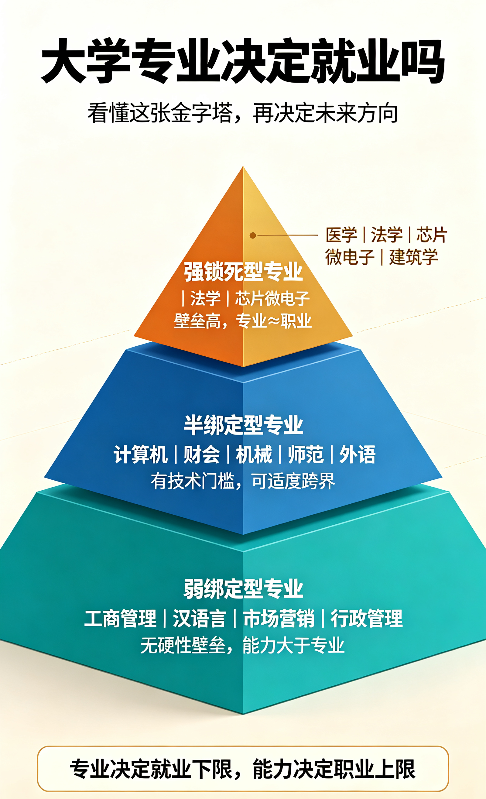 大学专业真的决定就业吗？家长和学生越早认清这3个真相越好
 
每年高考填志愿、大学生求职季，永远绕不开一个终极问题：大学专业，到底能不能决定未来就业？
 
有人说“选对专业少奋斗十年”，也有人说“毕业改行的人遍地都是”。
 
今天不讲鸡汤、不贩卖焦虑，用真实数据和职场真相，把专业和就业的关系彻底说透