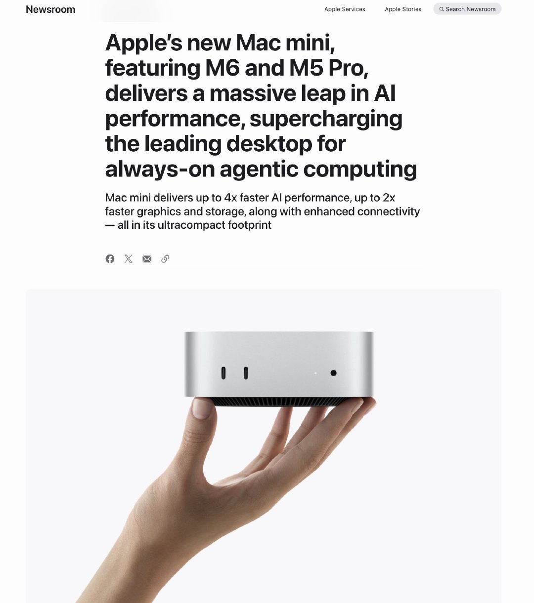 苹果突然更新 Mac mini & Mac Studio

新款 Mac mini 搭载 M6 芯片和 M5 Pro 芯片，799 美元起售。

新款 Mac Studio 搭载 M5 Max 芯片和 M5 Ultra 芯片，最高 512GB 统一存储，2499 美元起售。

所以我们再也回不去 2800 买 Mac mini 的那个夏天了吗？[泪奔] ​