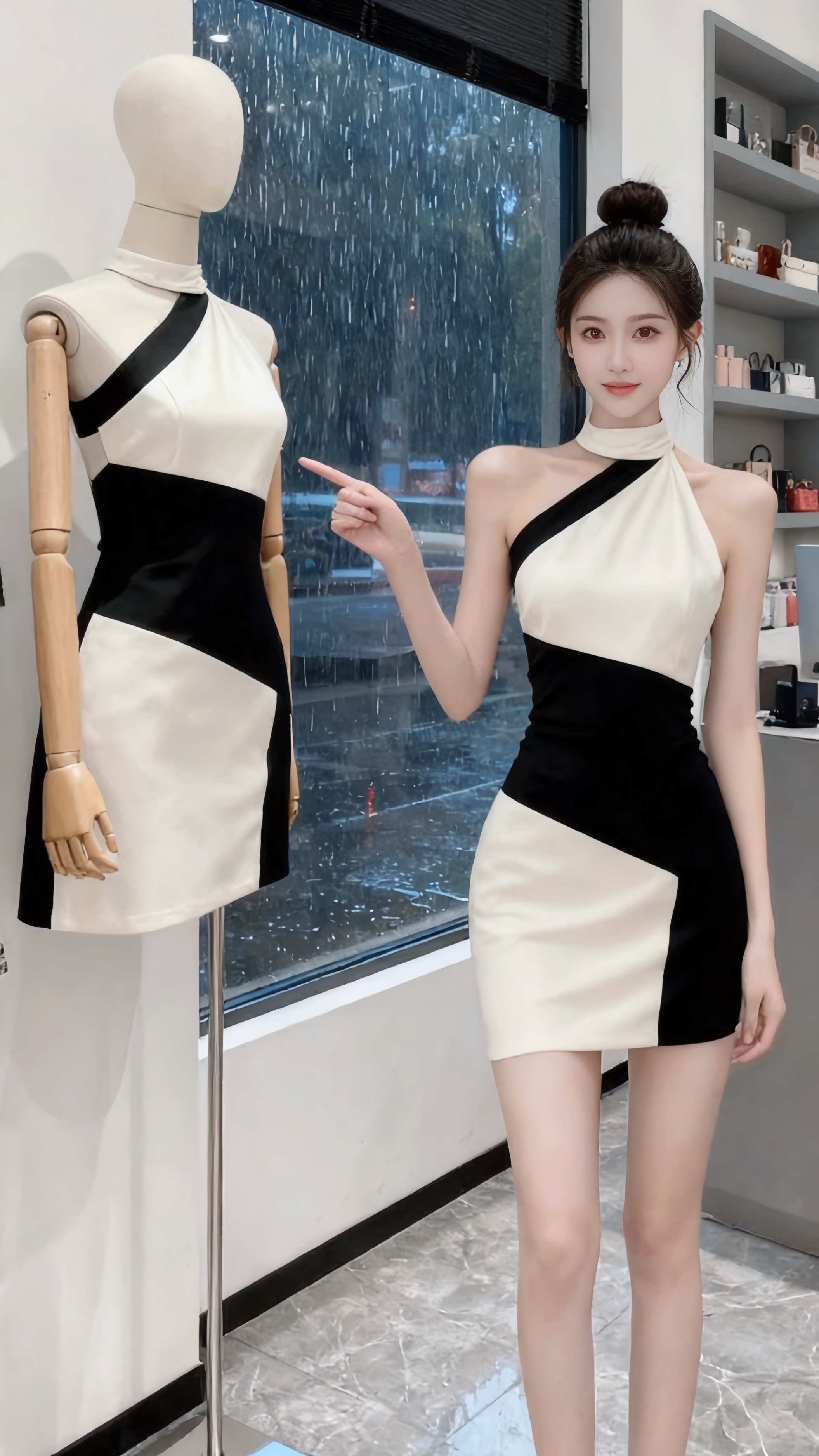 在极简空间里，许妍以黑白撞色裙装勾勒出优雅轮廓，高盘发更显颈线精致。每...