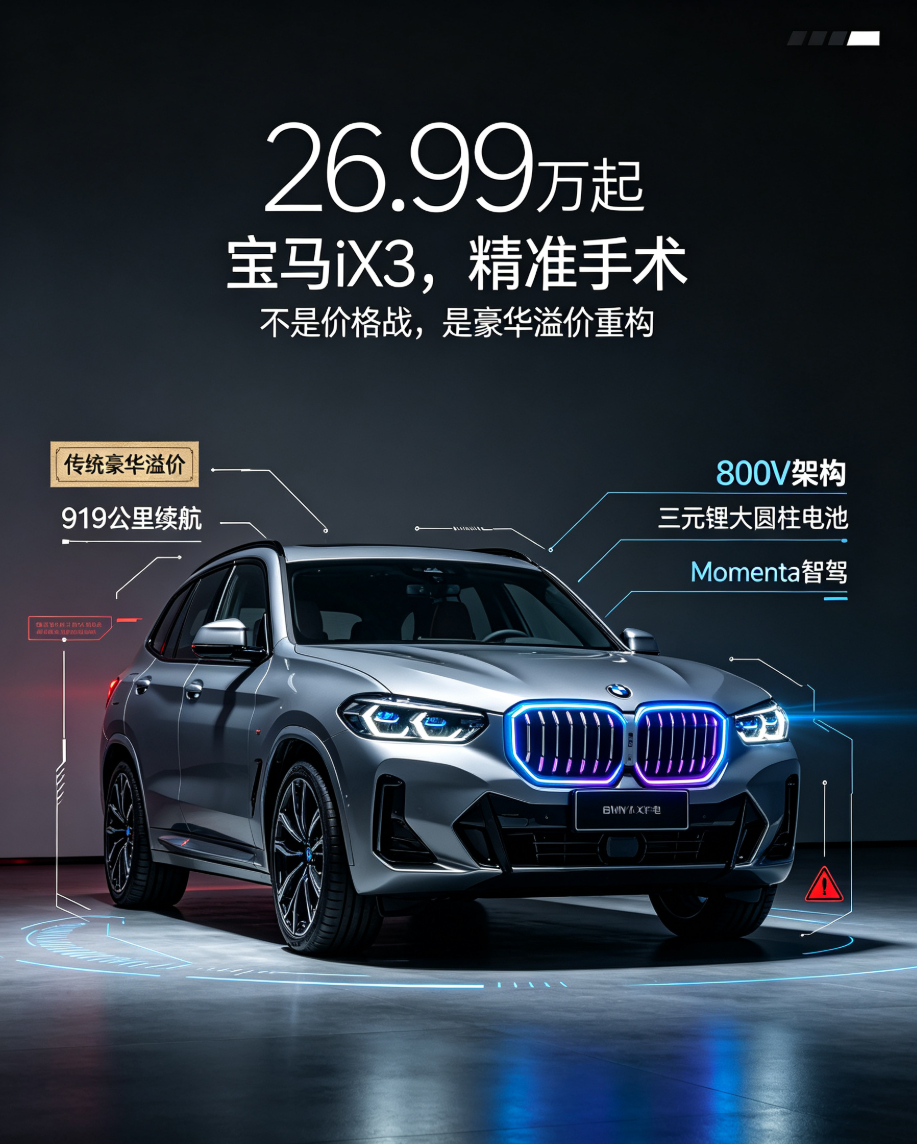 26.99万起的宝马iX3，这次不是简单的“价格战”，而是一场针对传统豪华溢价的精准手术。 
 
在成都车展公布的这份全国统一价里，宝马把30L、40L和50L三个版本的门槛直接踩进了国产新能源的主战场。这种“一口价”策略背后，其实是德系豪华品牌在电动化转型深水区的生存焦虑与战略转向。当算力成本和电 ​