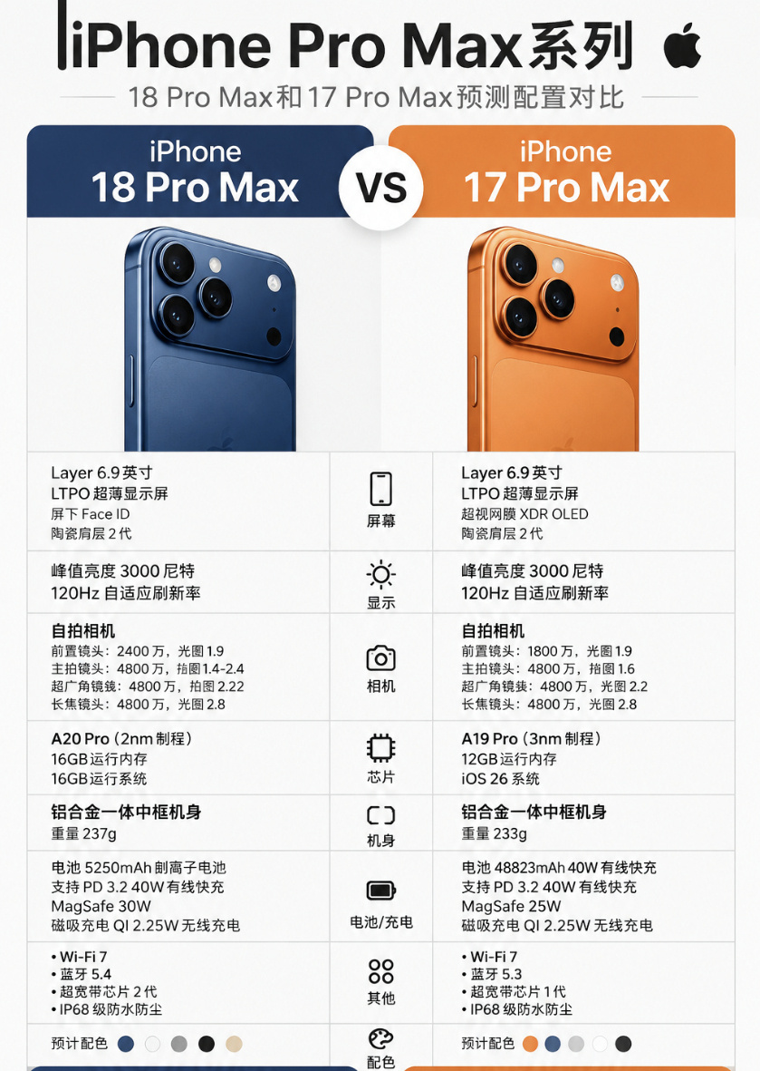 18 Pro Max 和 17 Pro Max 的配置对比汇总出来了...