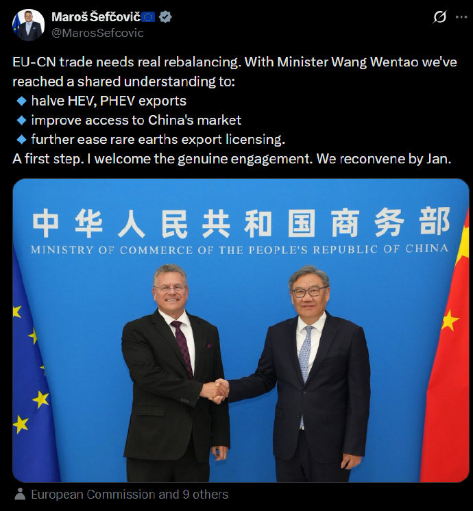 free trade~

第一条，HEV，PHEV出口减半，这下谁在欧洲设厂谁划算。
还有一条，就是放松稀土管控。

不过，这只是外文报道，不知欧洲给出的条件是啥？ ​