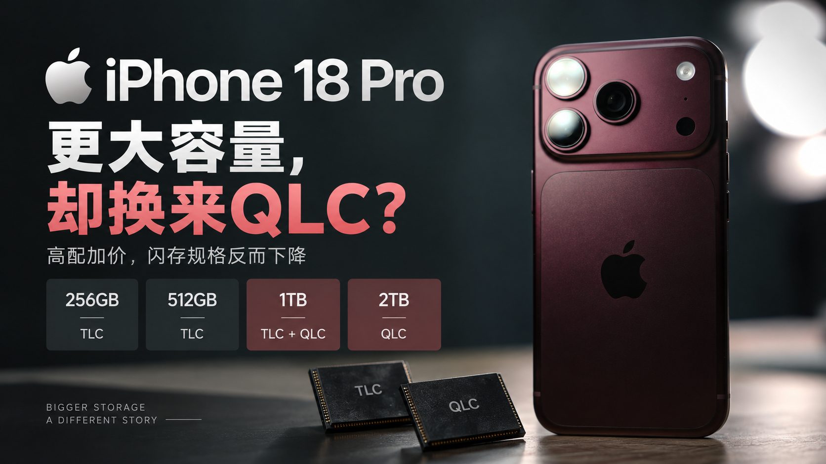 #iPhone18Pro1TB采用QLC#iPhone 18 Pro这次的存储策略有点反常，256GB和512GB继续用TLC，到了更贵的1TB、2TB，反而开始混用甚至全面采用QLC。容量确实更大，但闪存本身的理论寿命和极限性能却可能更低。

日常使用其实未必能感知差距，苹果通过主控和缓存机制，可以让QLC在空间充足时维持较高速度。真 ​