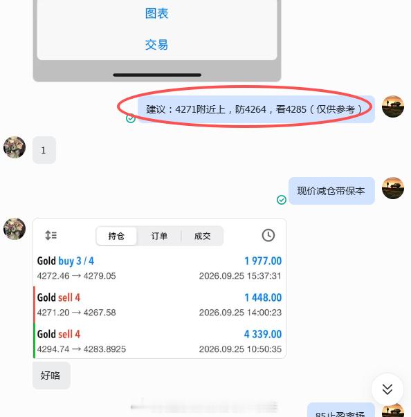 马踏祥云，四连拿下恭喜 刘女士 与跟上思路的朋友，斩获 3285 余U车到山前必有路，我的粉丝必暴富！依据4270支撑，果断在4271 反手进场多单，上涨4285 止盈位，140点利润入袋，目前已上破4288上方，空头思路需要恢复关注4300强压分水岭，靠近附近尽可做空，跟上的朋友吃爽了吗？黄金黄金金价中秋节中秋最美是团圆