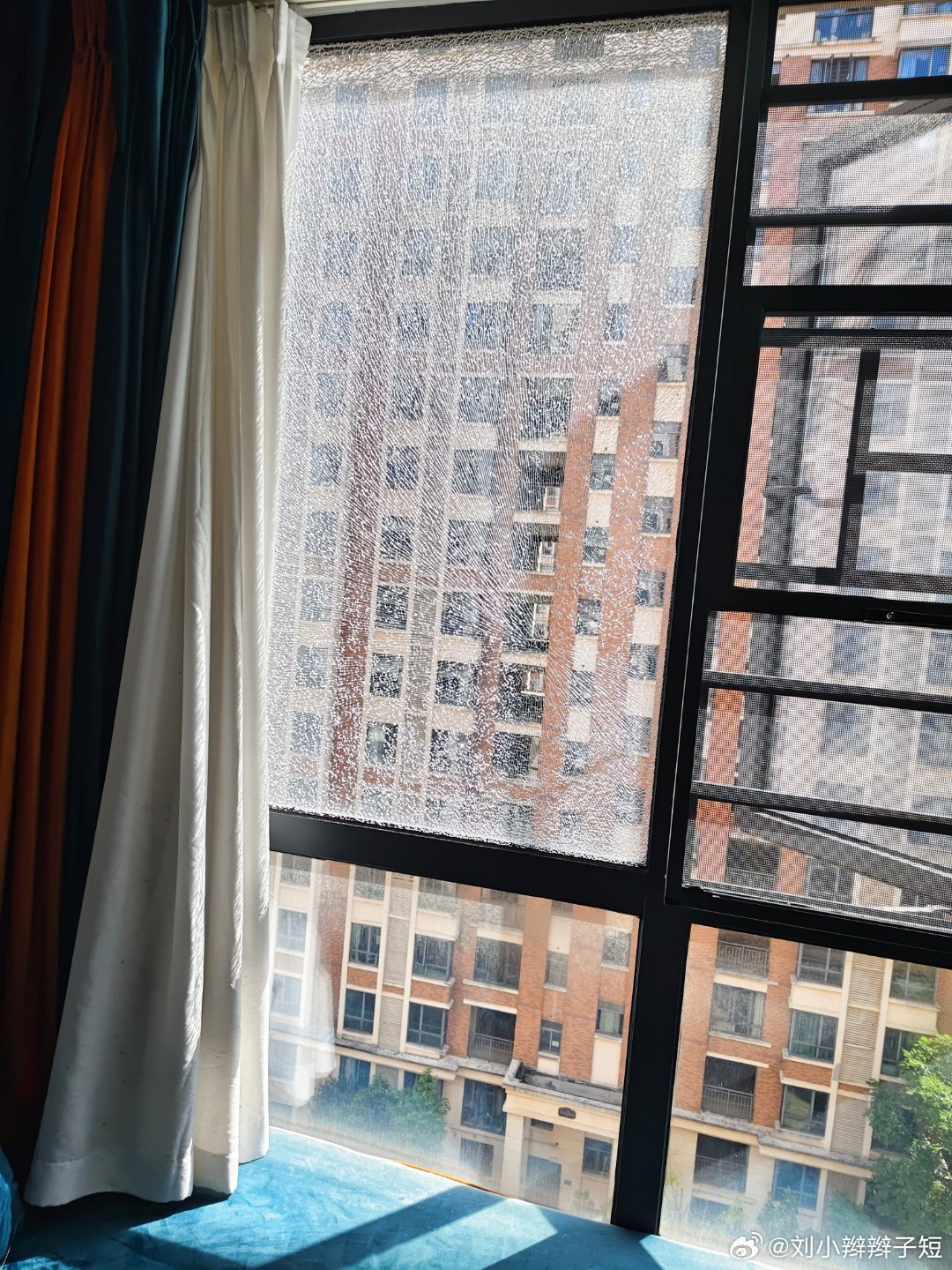 今天下午在家听到“砰”的一声，我还以为牧胖在客厅把什么东西弄坏了。

从书房出来一看，原来是我们主卧的玻璃爆了，可把我吓坏了，赶紧下去找物业，让他们把那边设置一个警示。

因为我们家楼下有个托管，经常有小朋友在下面玩，等会砸到人就坏了。

#第22号台风艾涛# ​